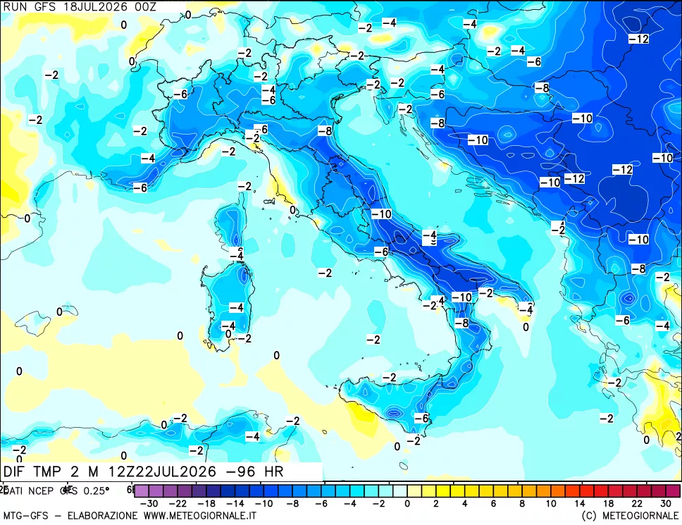 mappa Dif. Temp a 2 metri Valid - Init