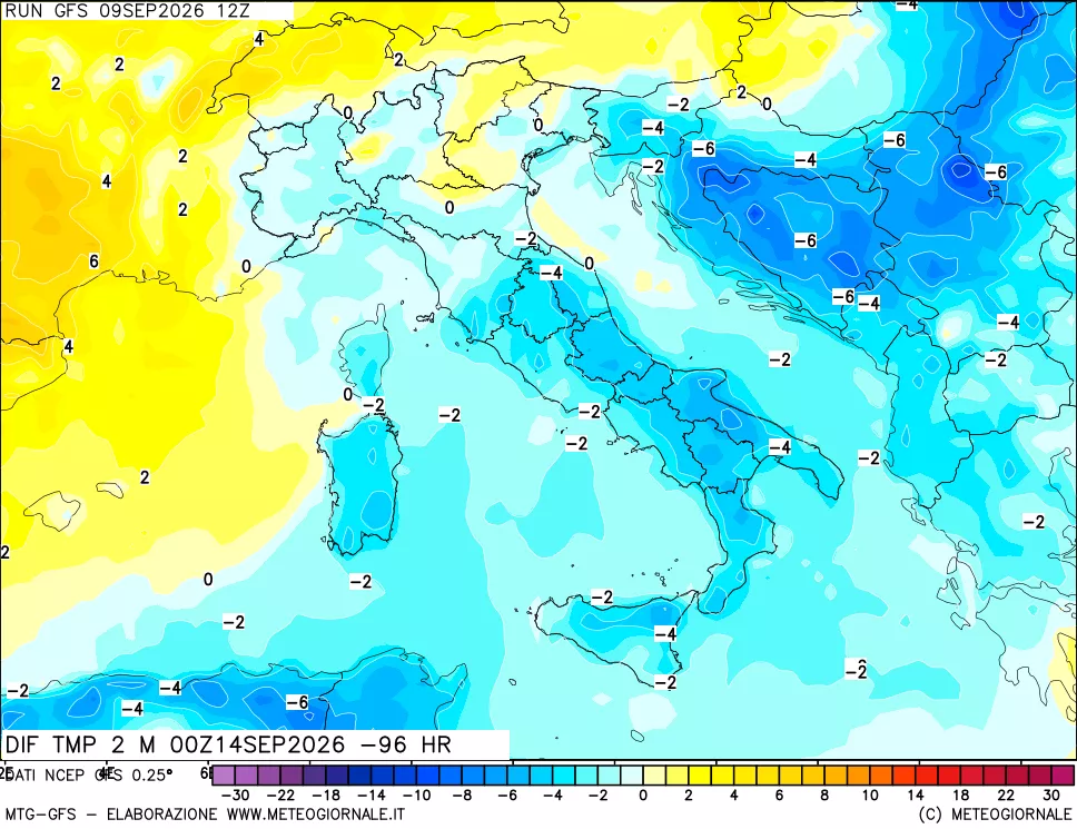 mappa Dif. Temp a 2 metri Valid - Init