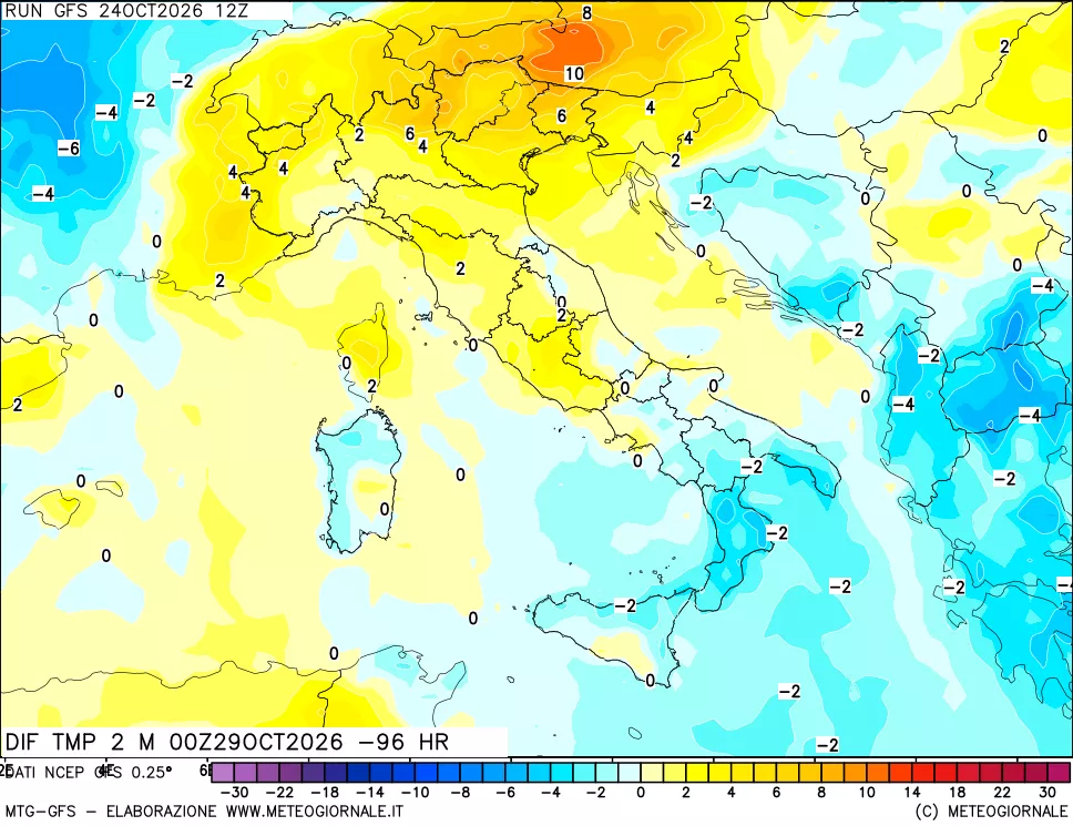 mappa Dif. Temp a 2 metri Valid - Init