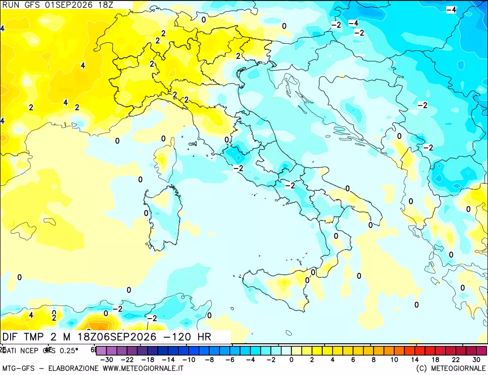 mappa Dif. Temp a 2 metri Valid - Init