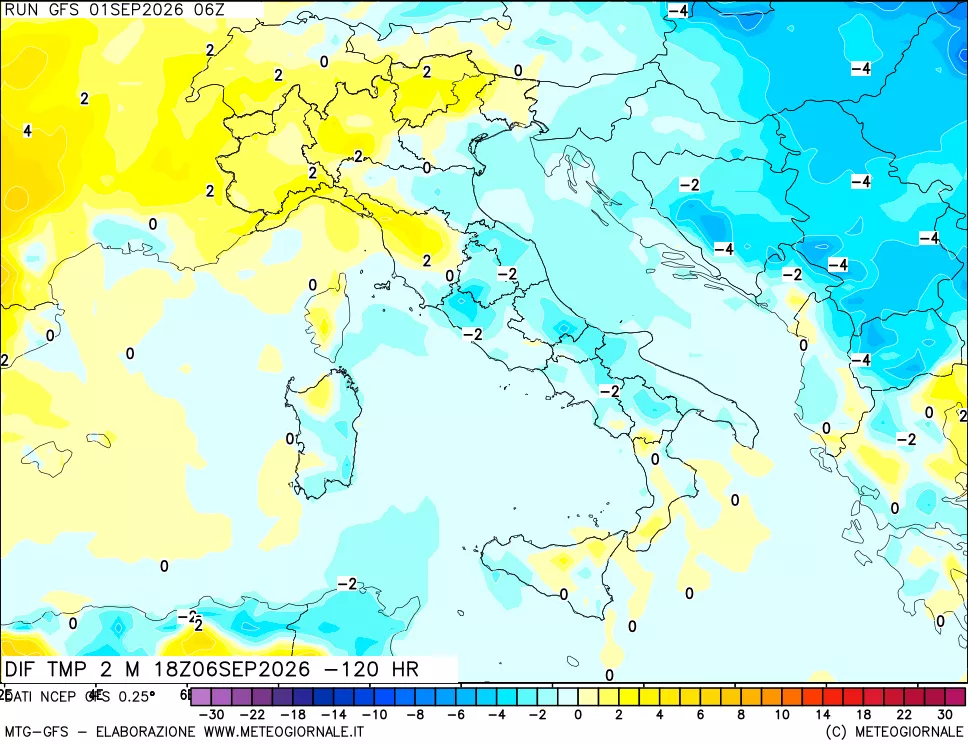 mappa Dif. Temp a 2 metri Valid - Init