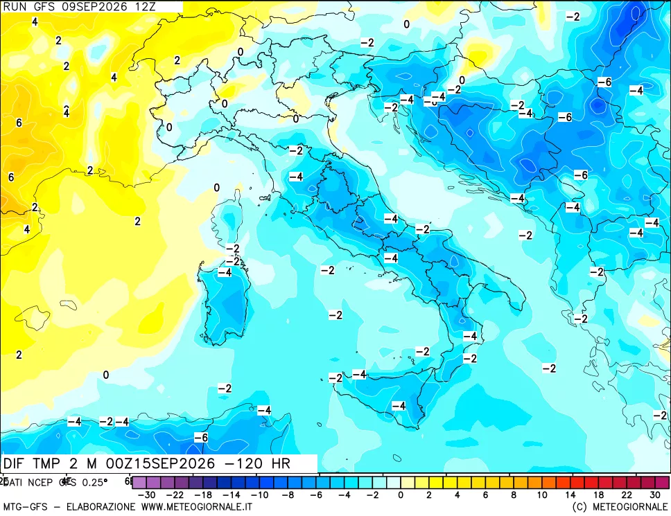 mappa Dif. Temp a 2 metri Valid - Init