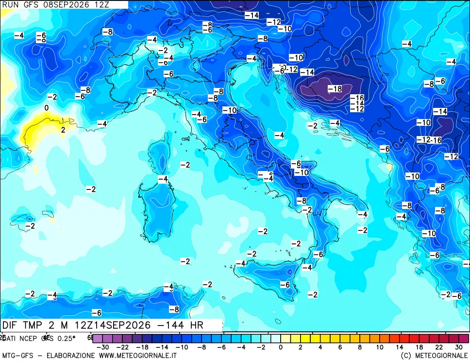 mappa Dif. Temp a 2 metri Valid - Init