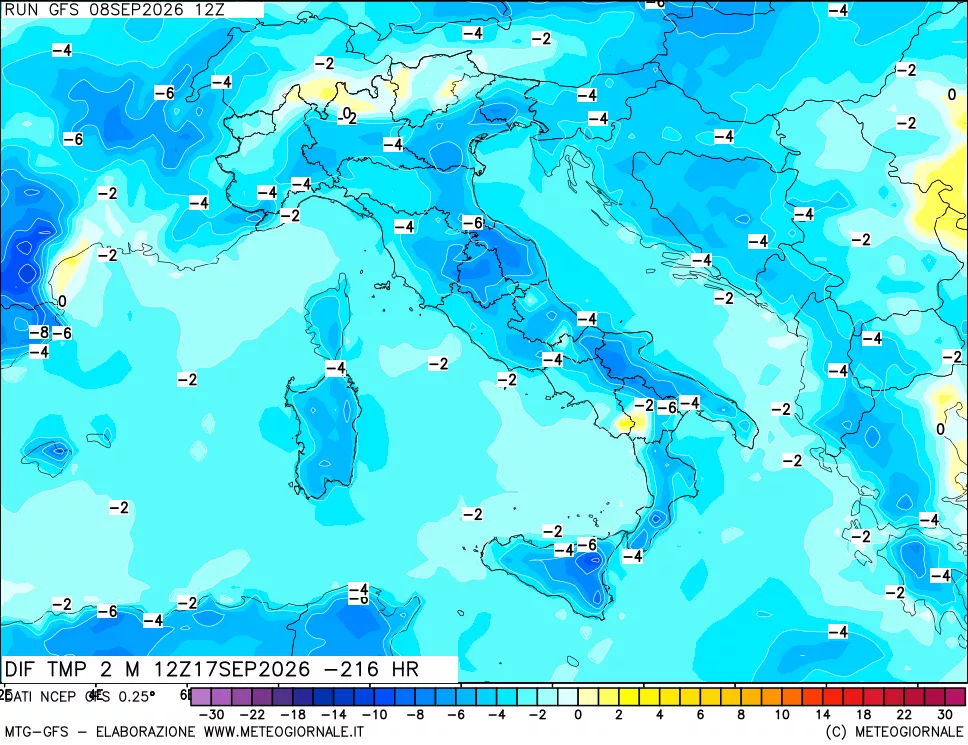 mappa Dif. Temp a 2 metri Valid - Init