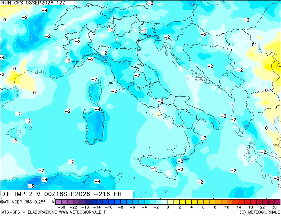 mappa Dif. Temp a 2 metri Valid - Init