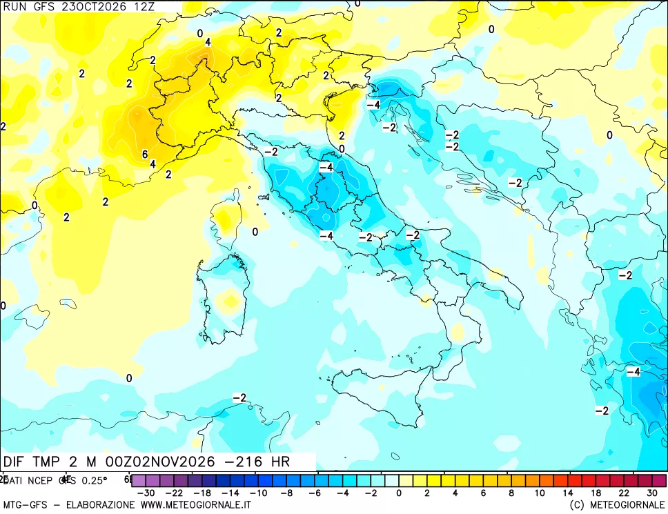 mappa Dif. Temp a 2 metri Valid - Init