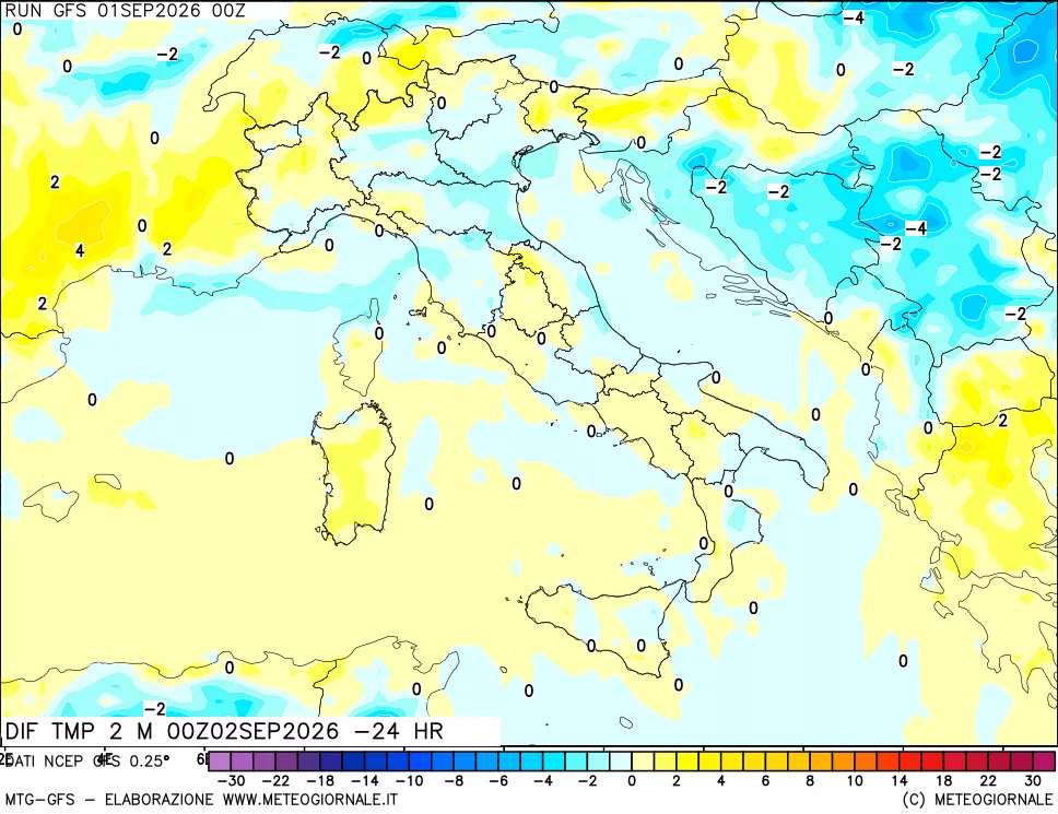 mappa Dif. Temp a 2 metri Valid - Init