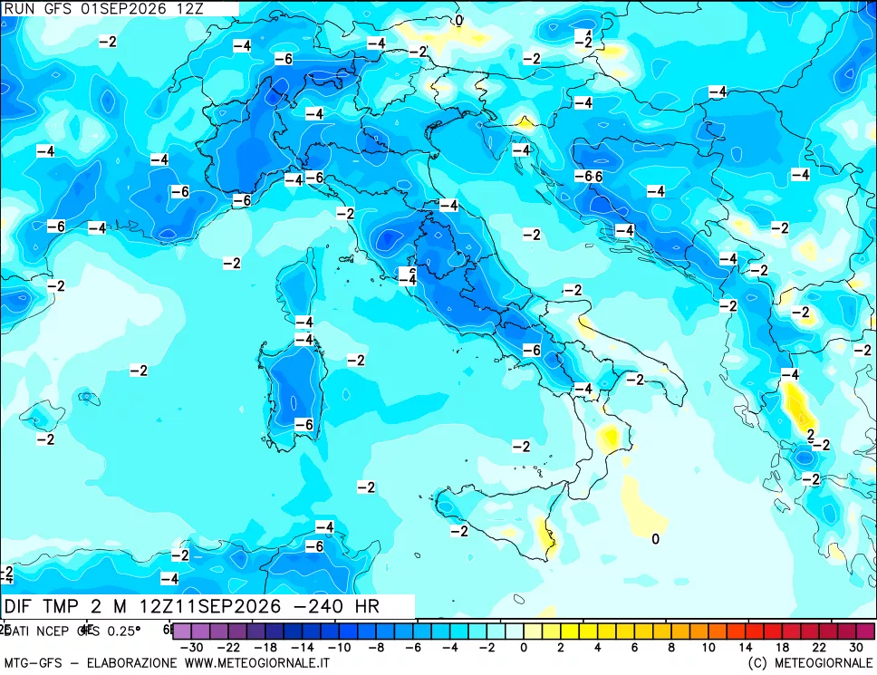 mappa Dif. Temp a 2 metri Valid - Init