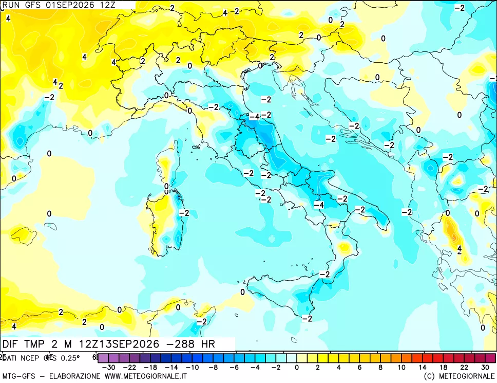 mappa Dif. Temp a 2 metri Valid - Init