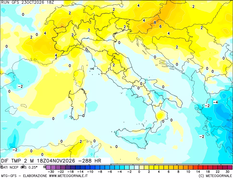 mappa Dif. Temp a 2 metri Valid - Init
