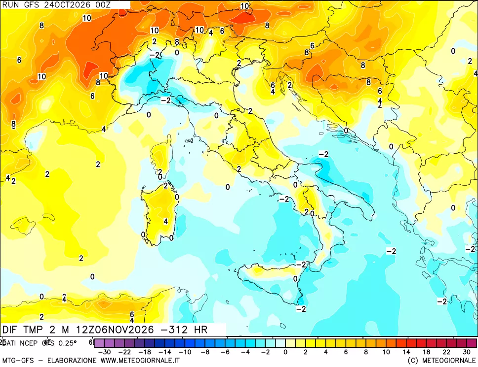 mappa Dif. Temp a 2 metri Valid - Init