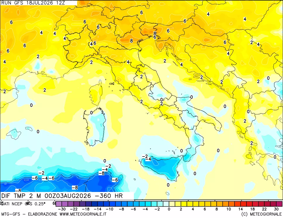 mappa Dif. Temp a 2 metri Valid - Init