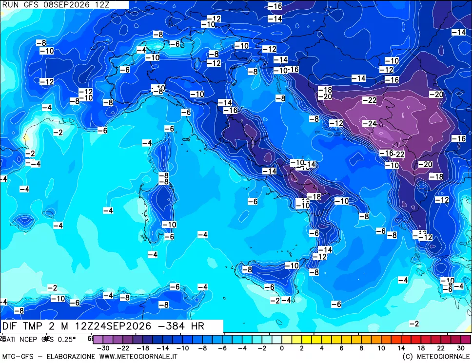 mappa Dif. Temp a 2 metri Valid - Init