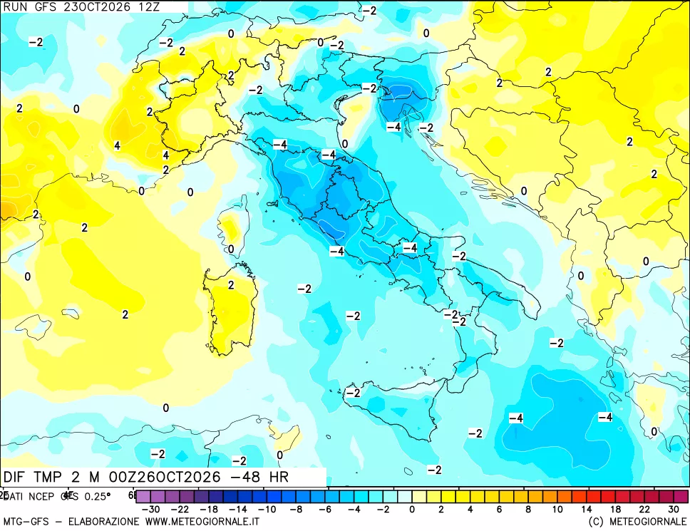 mappa Dif. Temp a 2 metri Valid - Init