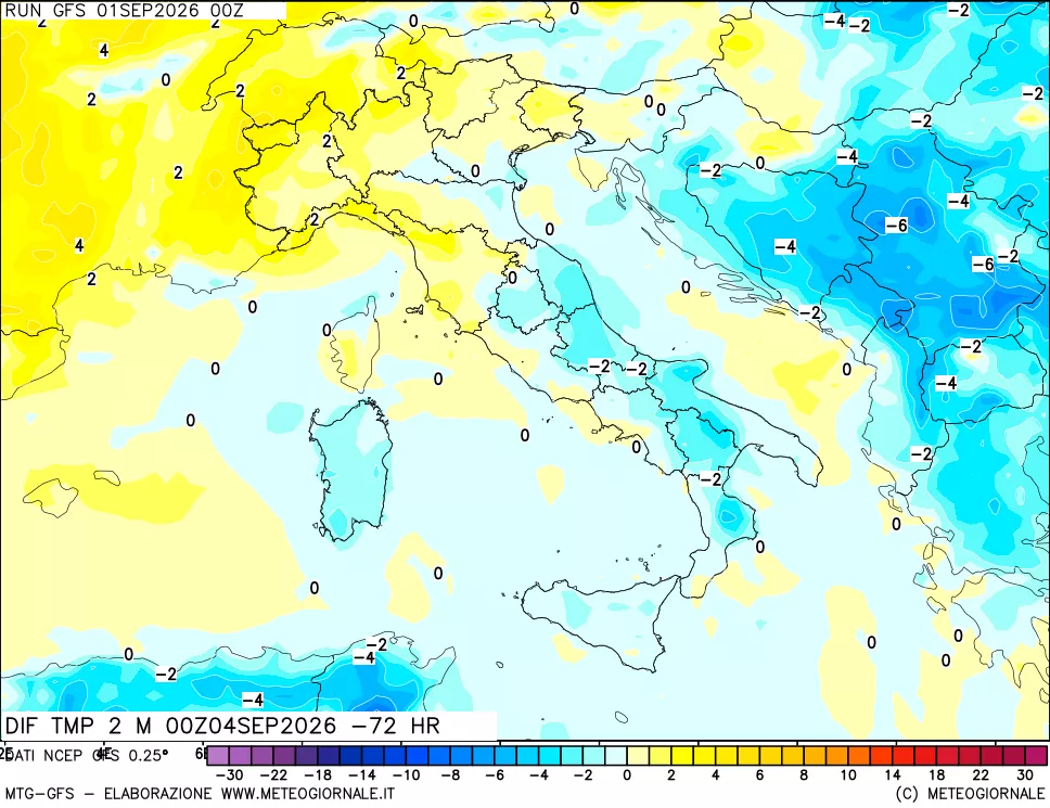 mappa Dif. Temp a 2 metri Valid - Init