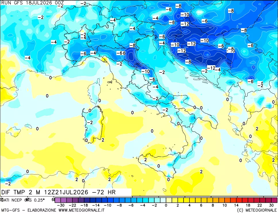 mappa Dif. Temp a 2 metri Valid - Init
