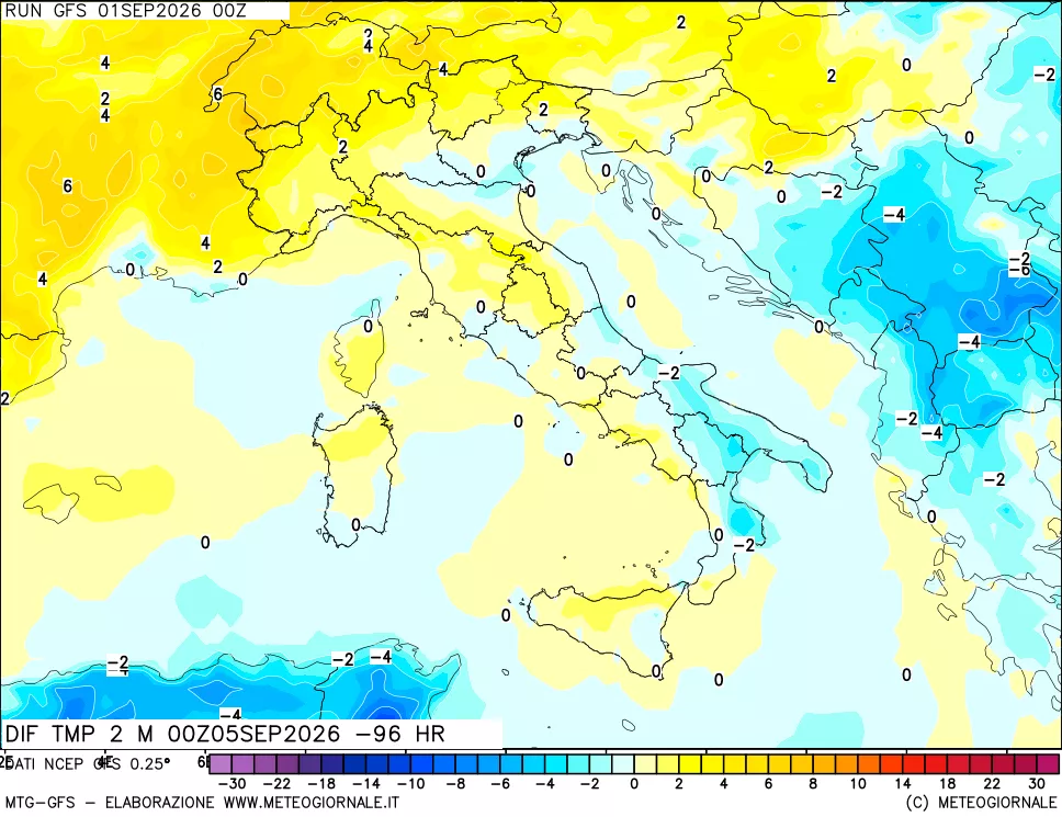mappa Dif. Temp a 2 metri Valid - Init