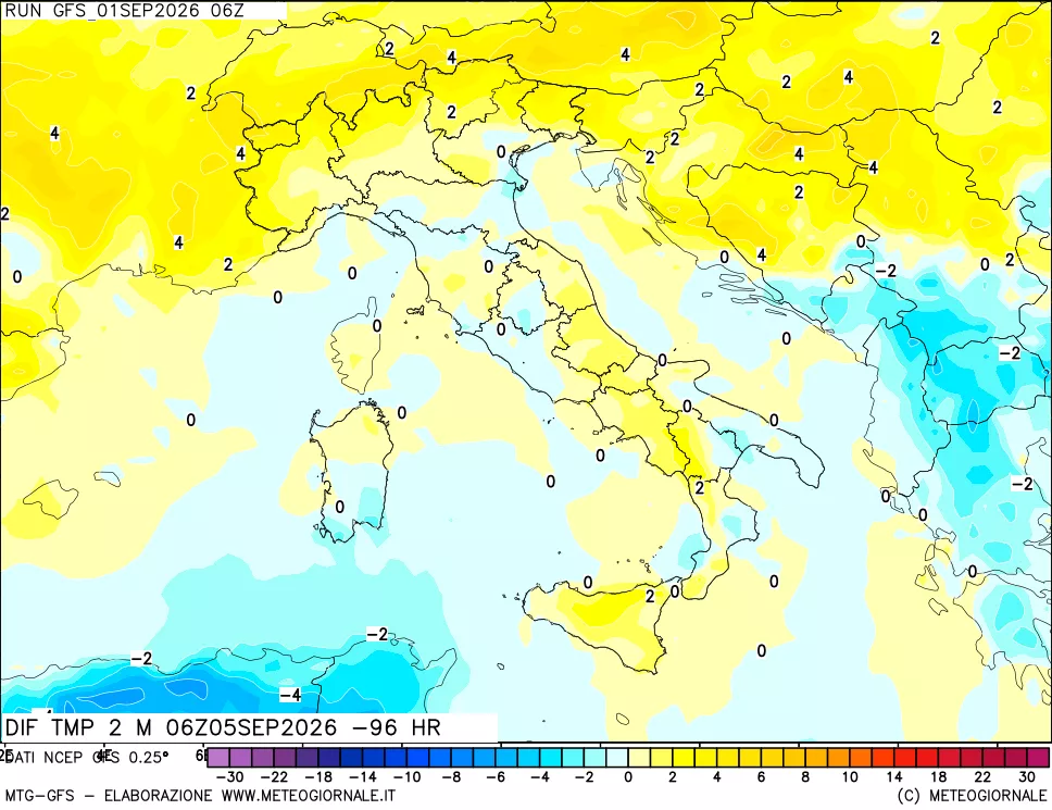 mappa Dif. Temp a 2 metri Valid - Init