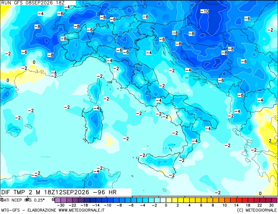 mappa Dif. Temp a 2 metri Valid - Init