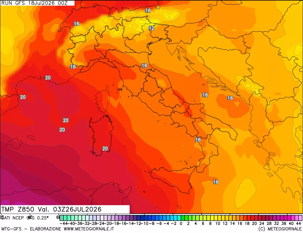 mappa 850 hPa Temp