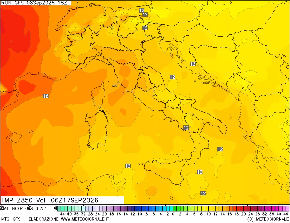 mappa 850 hPa Temp
