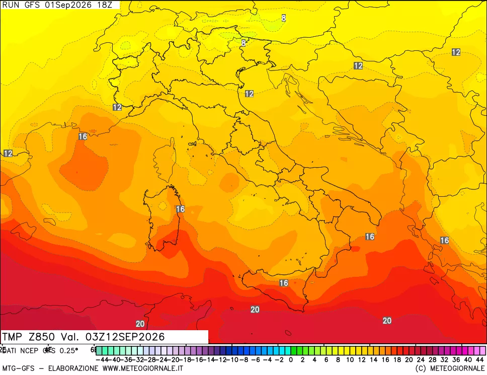 mappa 850 hPa Temp