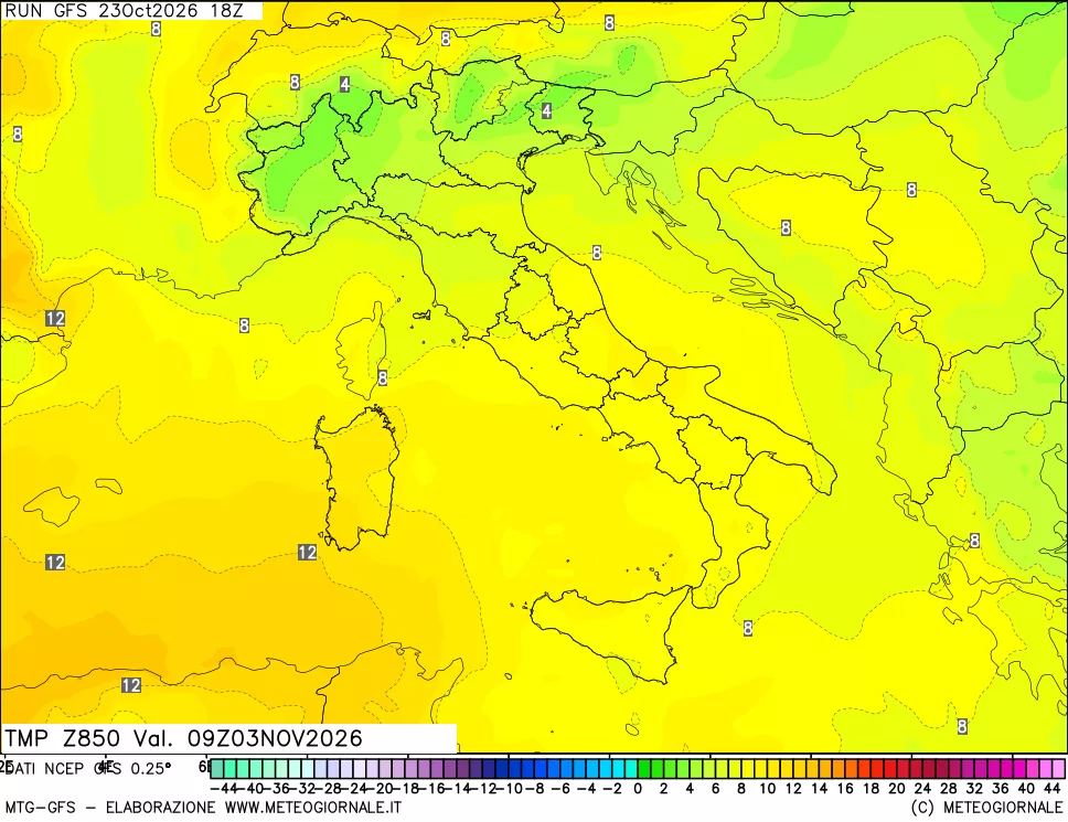 mappa 850 hPa Temp