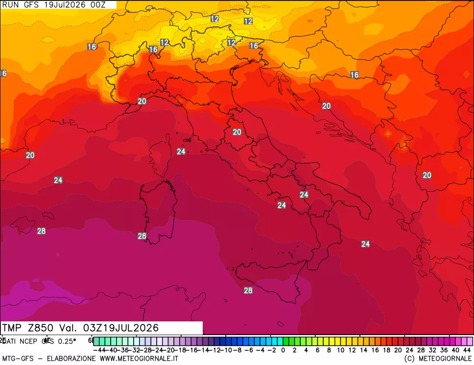 mappa 850 hPa Temp