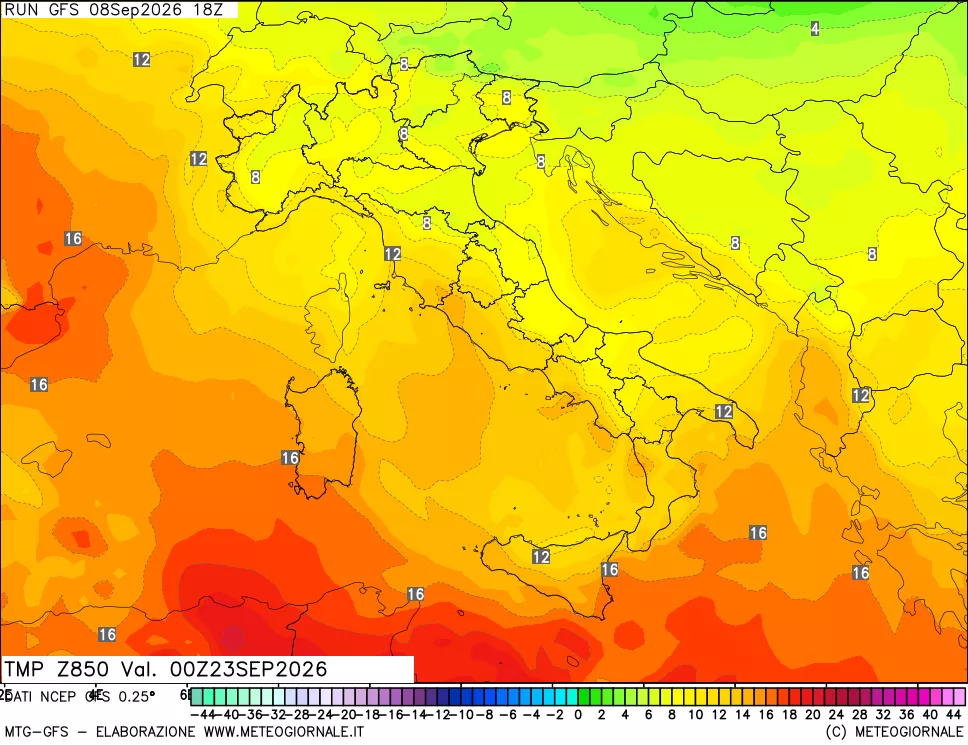 mappa 850 hPa Temp