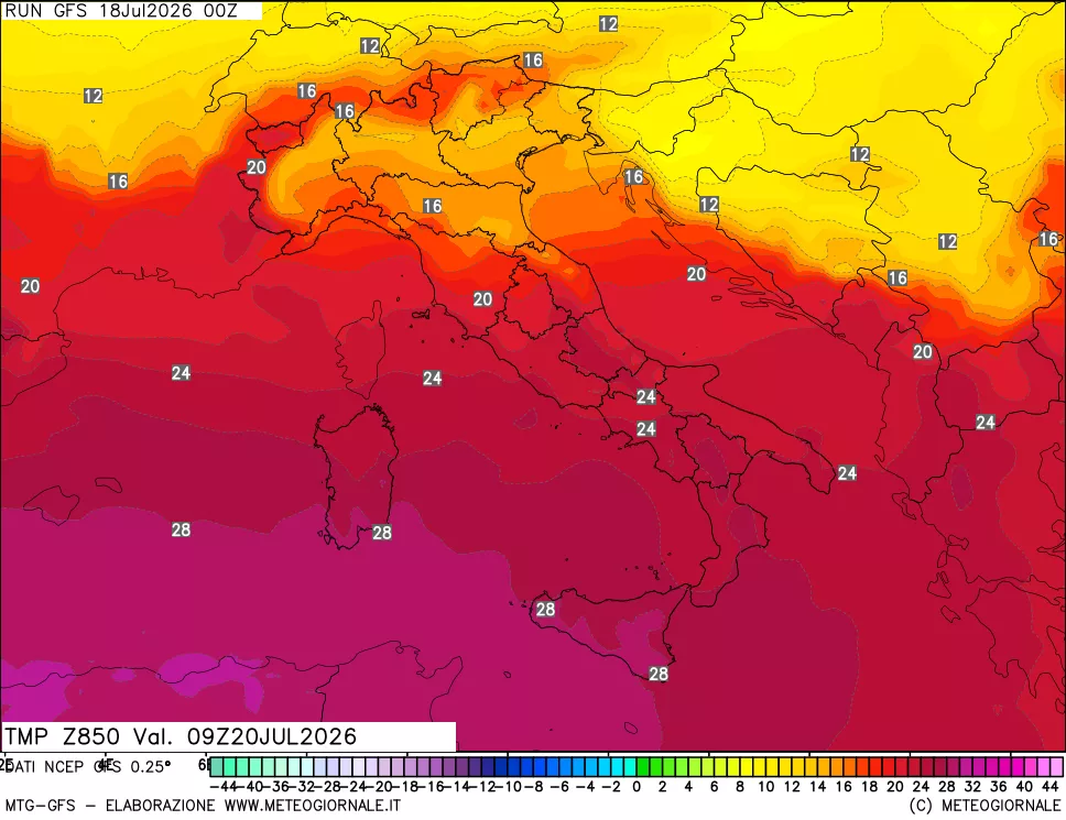 mappa 850 hPa Temp
