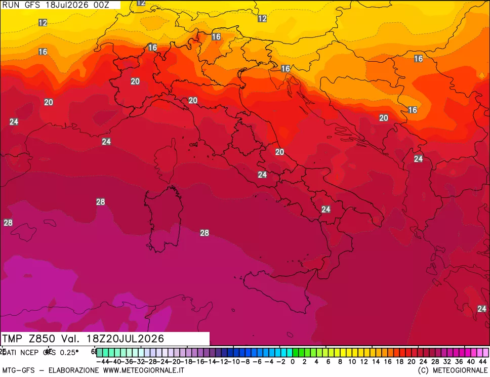 mappa 850 hPa Temp