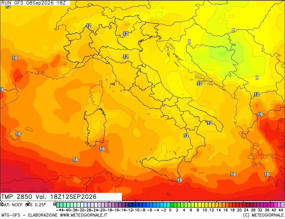 mappa 850 hPa Temp