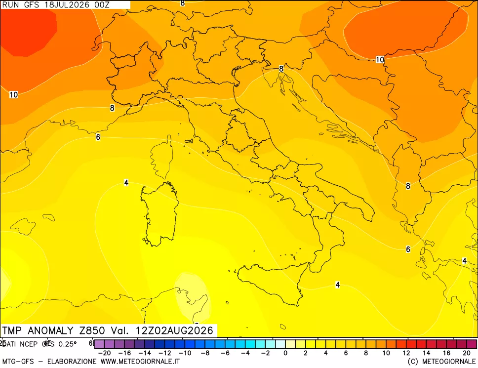 mappa 850 hPa Temp Anomaly vs Cli.No 1981-2010