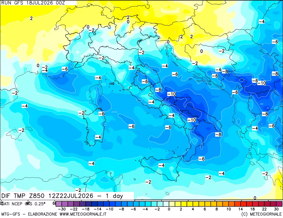 mappa 850 hPA Dif. Temp -24 ore