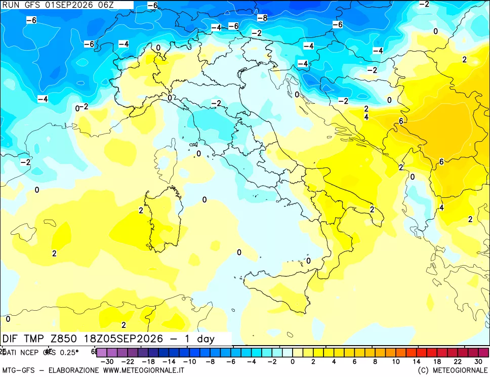 mappa Dif. Temp a 850 hPa Valid - 1 day