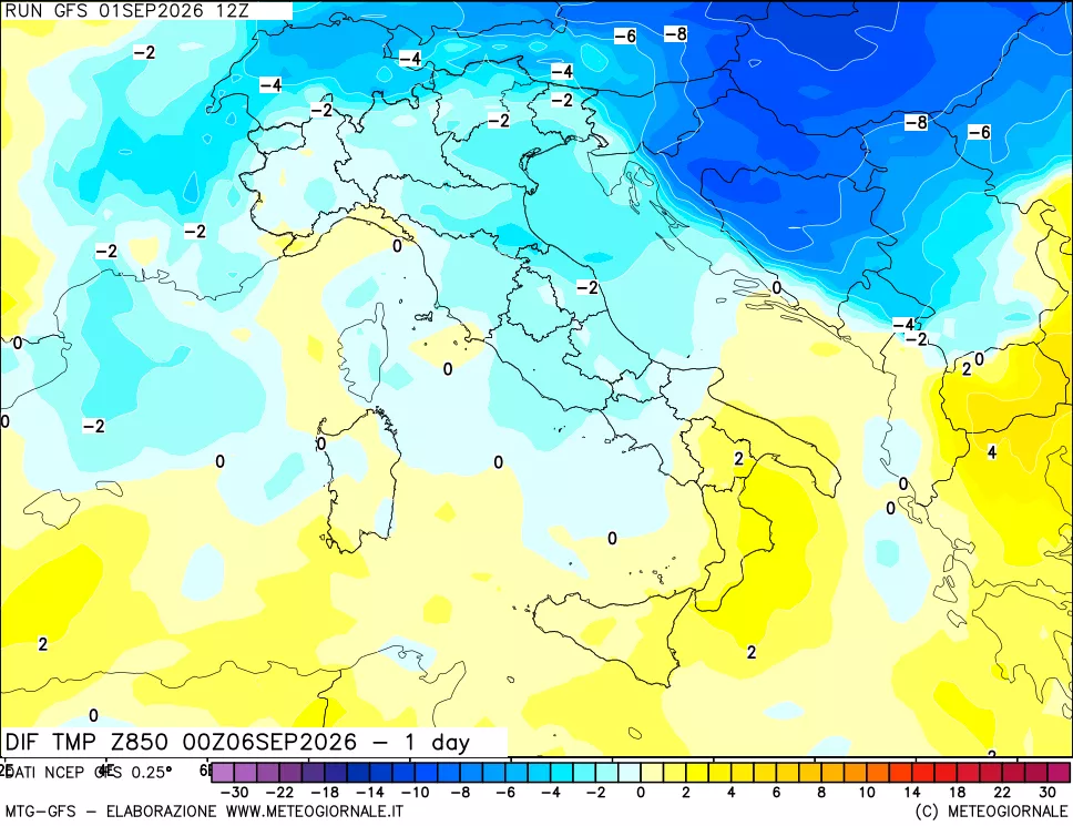 mappa 850 hPA Dif. Temp -24 ore