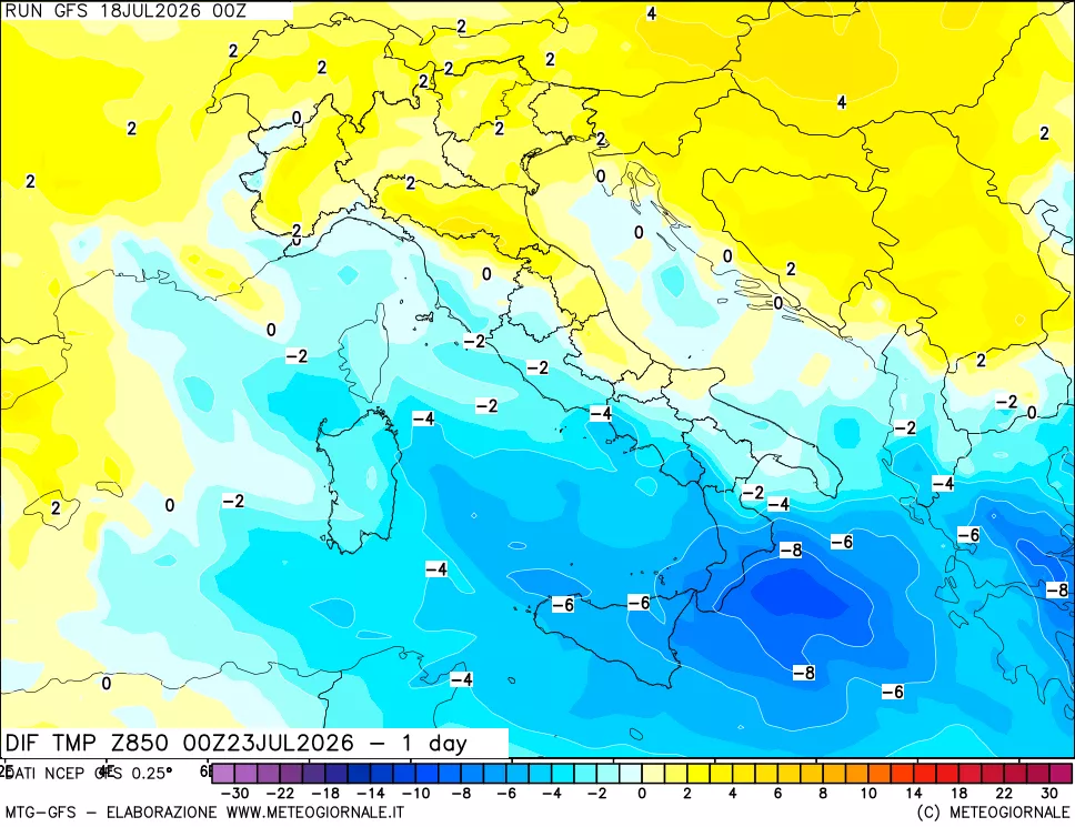 mappa 850 hPA Dif. Temp -24 ore