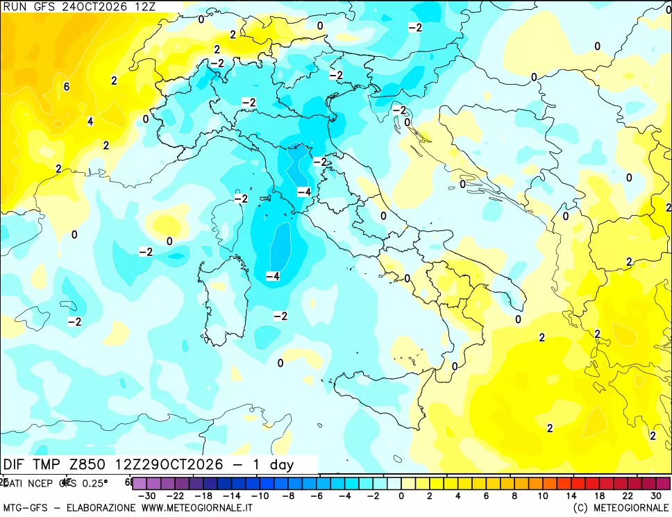 mappa 850 hPA Dif. Temp -24 ore