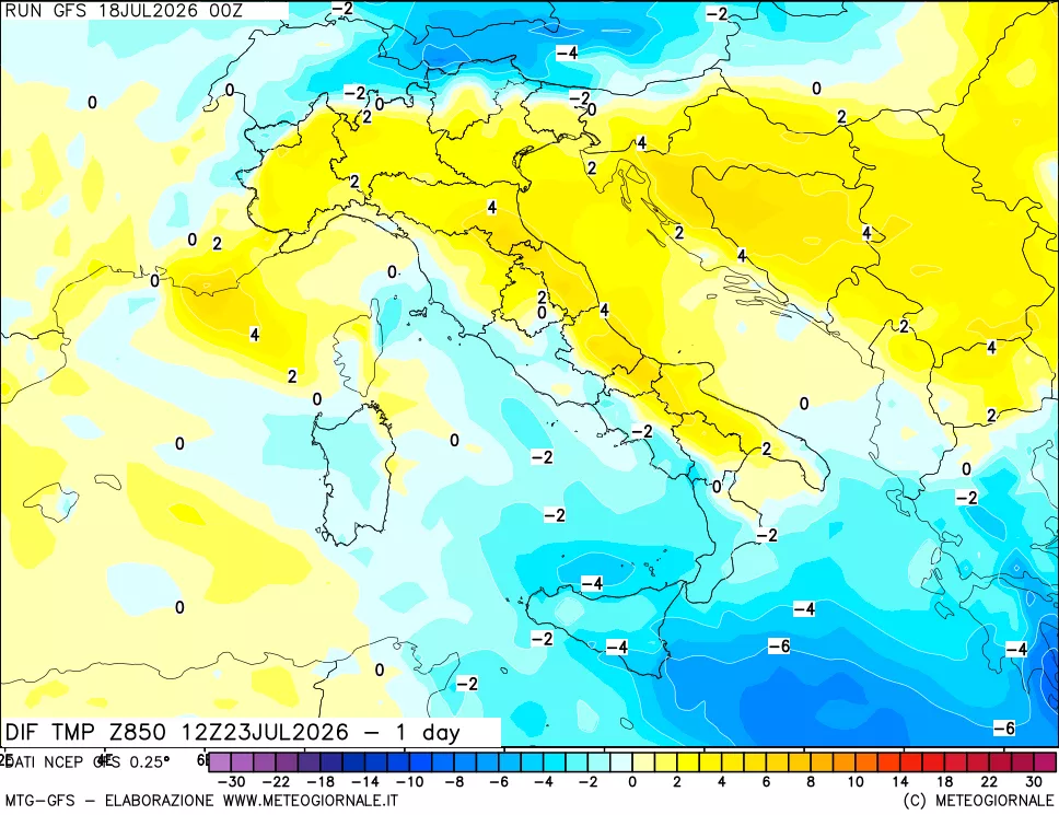mappa 850 hPA Dif. Temp -24 ore