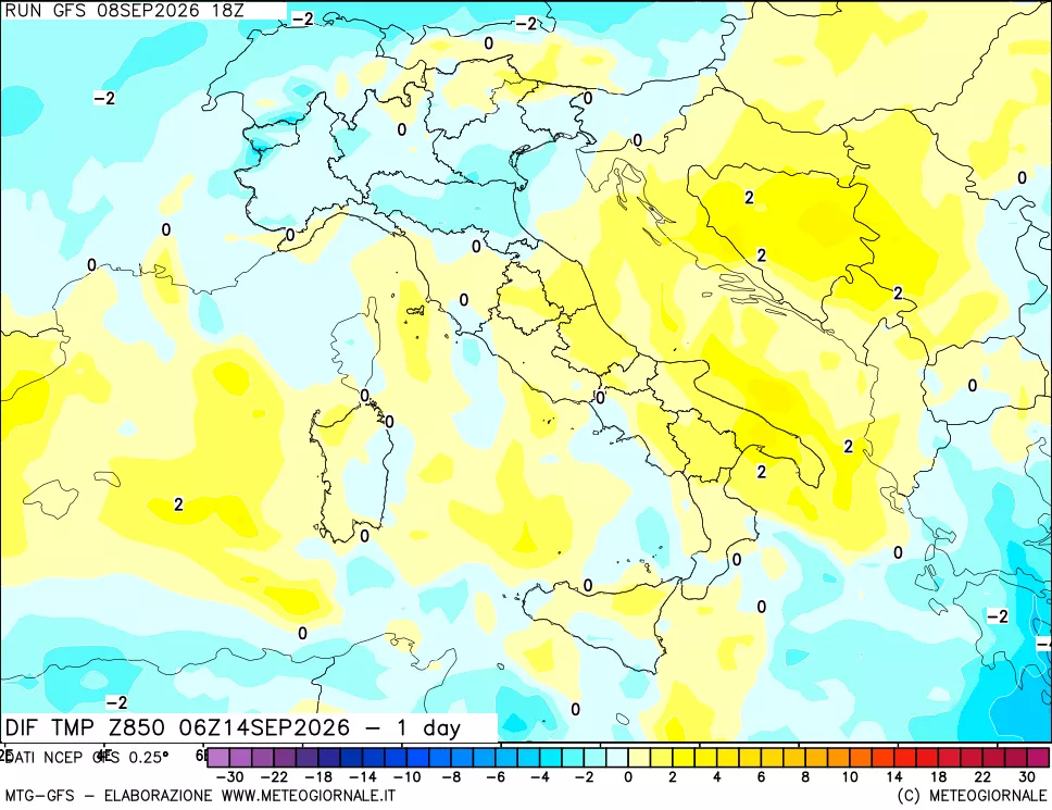 mappa Dif. Temp a 850 hPa Valid - 1 day