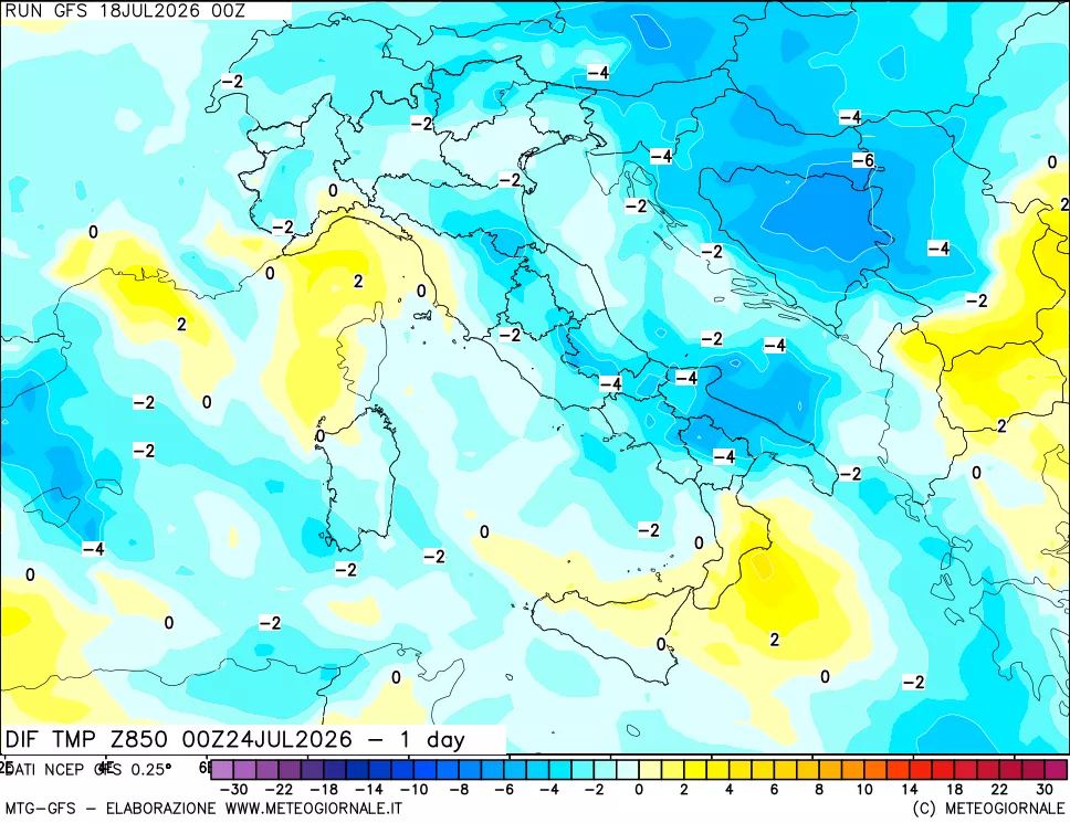 mappa 850 hPA Dif. Temp -24 ore