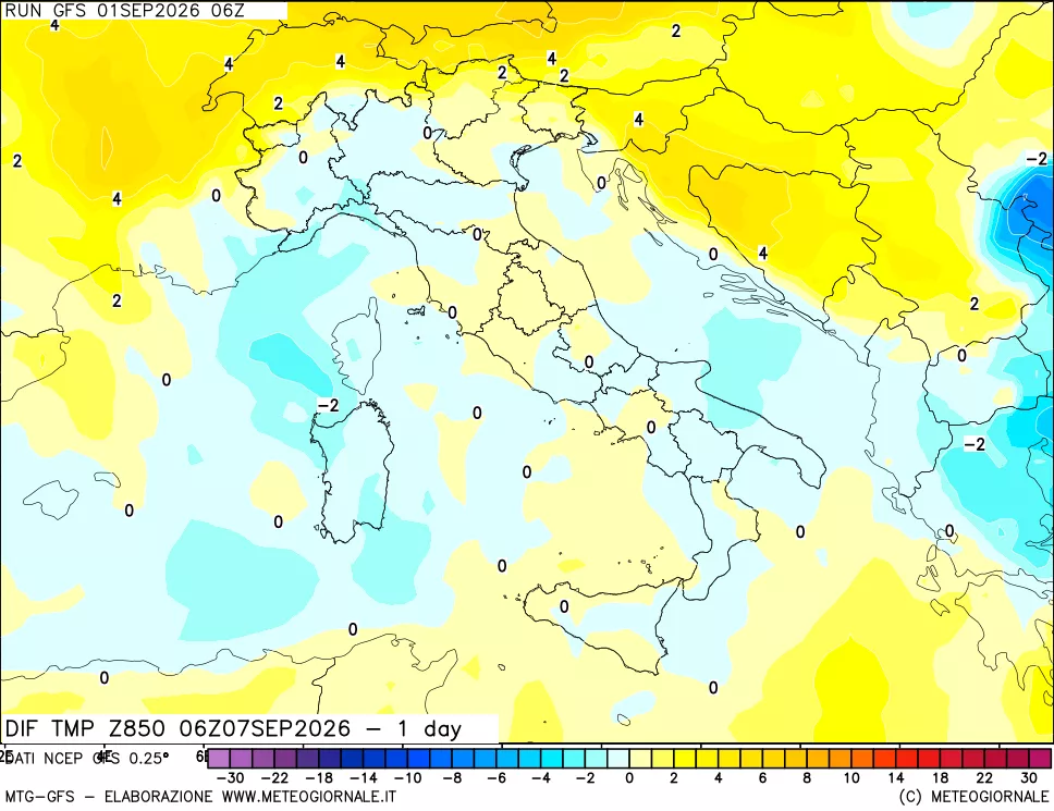mappa Dif. Temp a 850 hPa Valid - 1 day