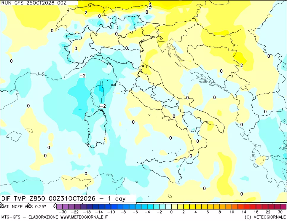 mappa Dif. Temp a 850 hPa Valid - 1 day
