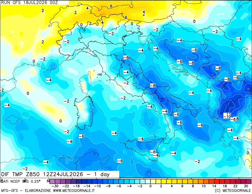 mappa 850 hPA Dif. Temp -24 ore