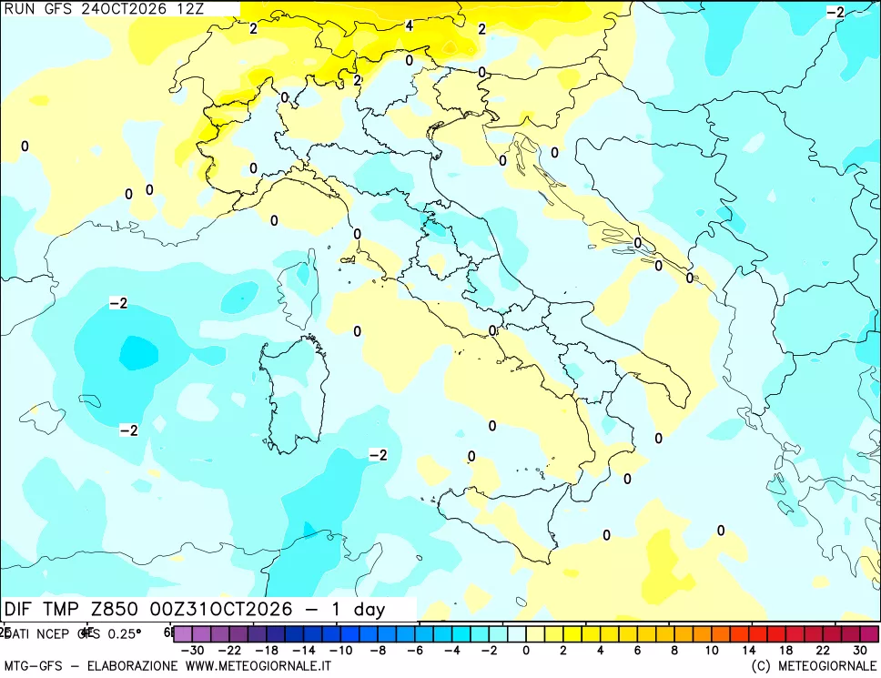 mappa Dif. Temp a 850 hPa Valid - 1 day