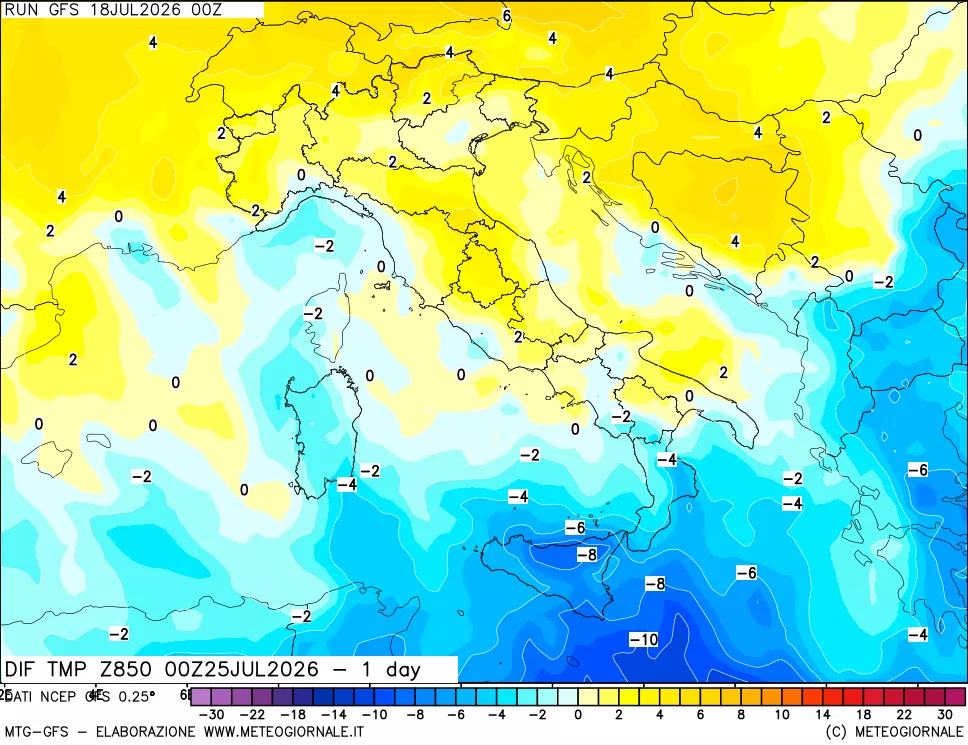mappa Dif. Temp a 850 hPa Valid - 1 day