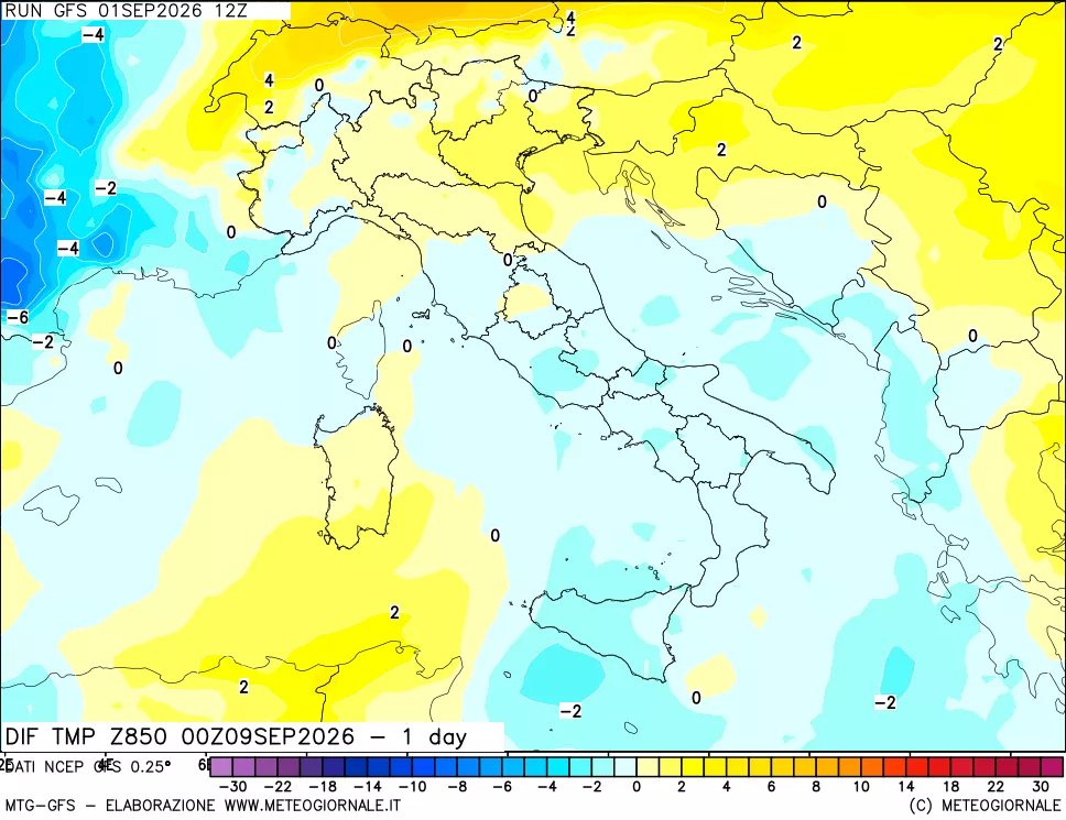 mappa Dif. Temp a 850 hPa Valid - 1 day