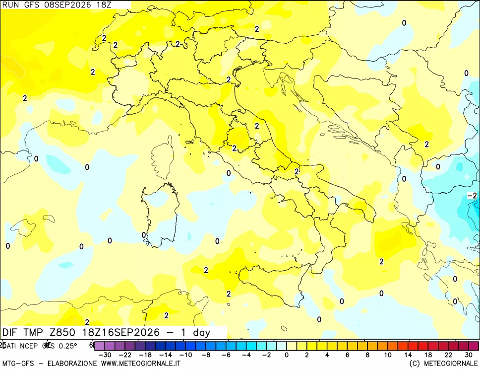 mappa Dif. Temp a 850 hPa Valid - 1 day