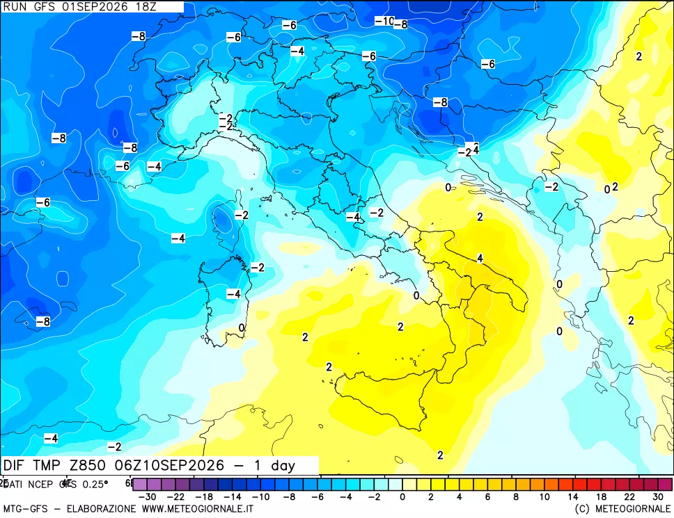 mappa 850 hPA Dif. Temp -24 ore