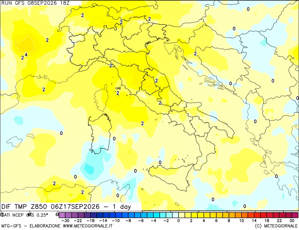 mappa Dif. Temp a 850 hPa Valid - 1 day